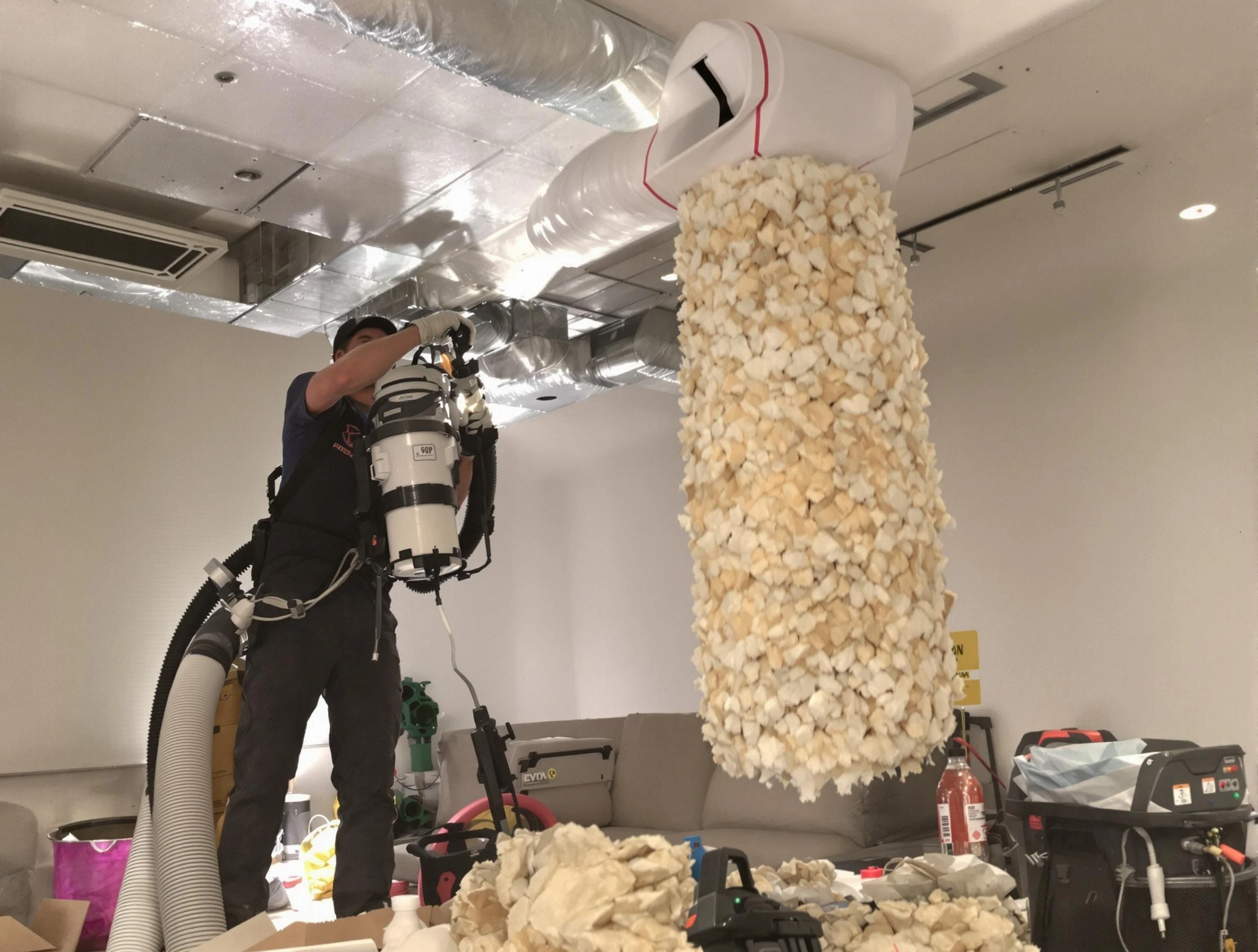 Forest Hills Air Duct Cleaning technician performing precision vacuum insulation removal in a residential property in Forest Hills